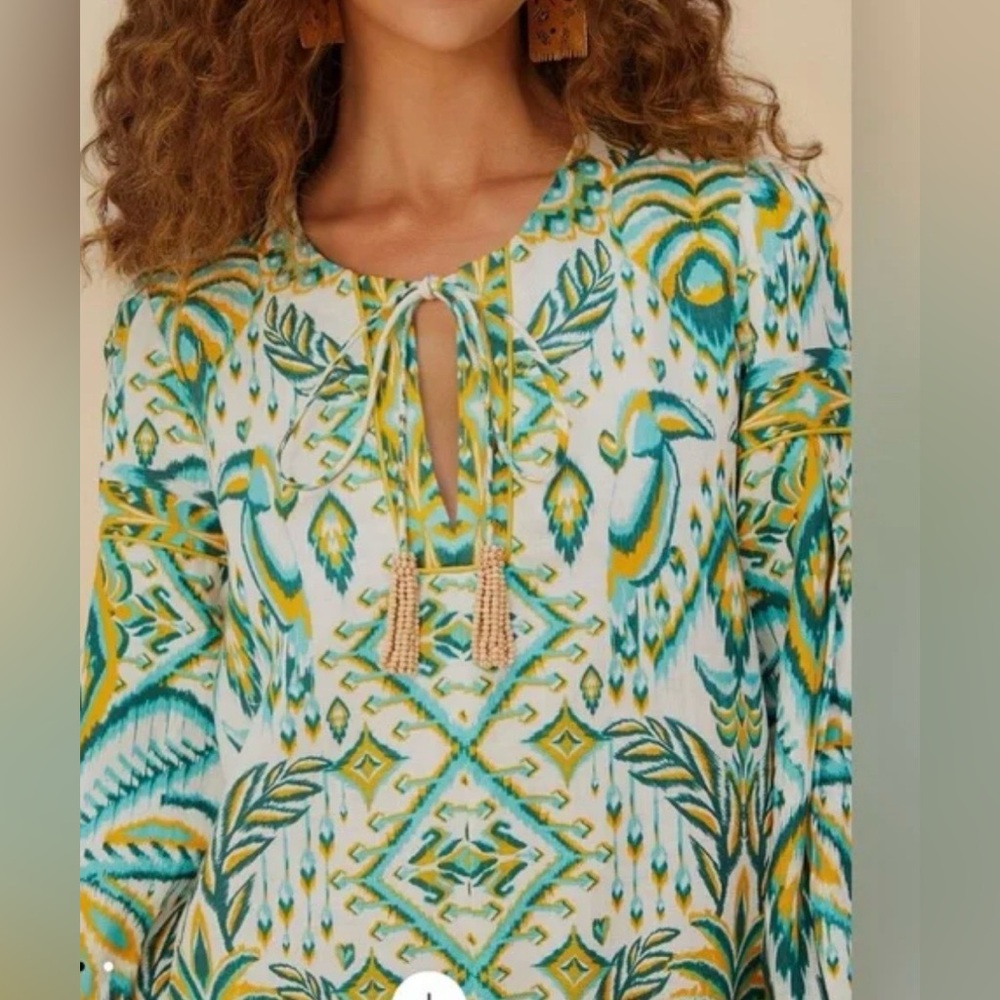 Farm Rio Green/Turquoise Boho Resort Romper Long Sleeve Tassel Tie NWT M - Picture 2 of 9